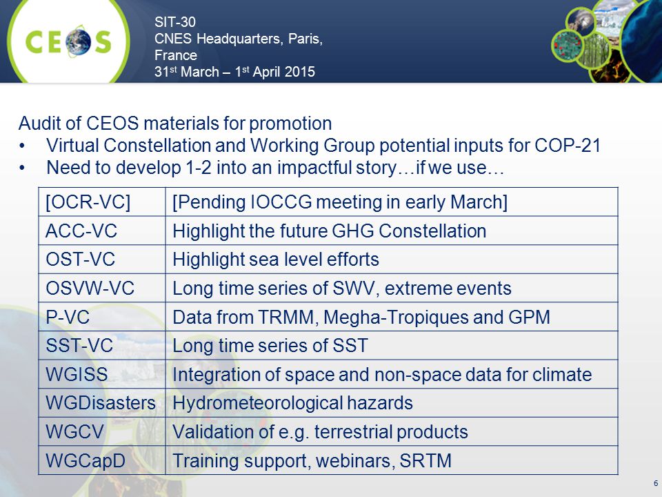SIT-30 CNES Headquarters, Paris, France 31 st March – 1 st April Audit of CEOS materials for promotion Virtual Constellation and Working Group potential inputs for COP-21 Need to develop 1-2 into an impactful story…if we use… [OCR-VC][Pending IOCCG meeting in early March] ACC-VCHighlight the future GHG Constellation OST-VCHighlight sea level efforts OSVW-VCLong time series of SWV, extreme events P-VCData from TRMM, Megha-Tropiques and GPM SST-VCLong time series of SST WGISSIntegration of space and non-space data for climate WGDisastersHydrometeorological hazards WGCVValidation of e.g.