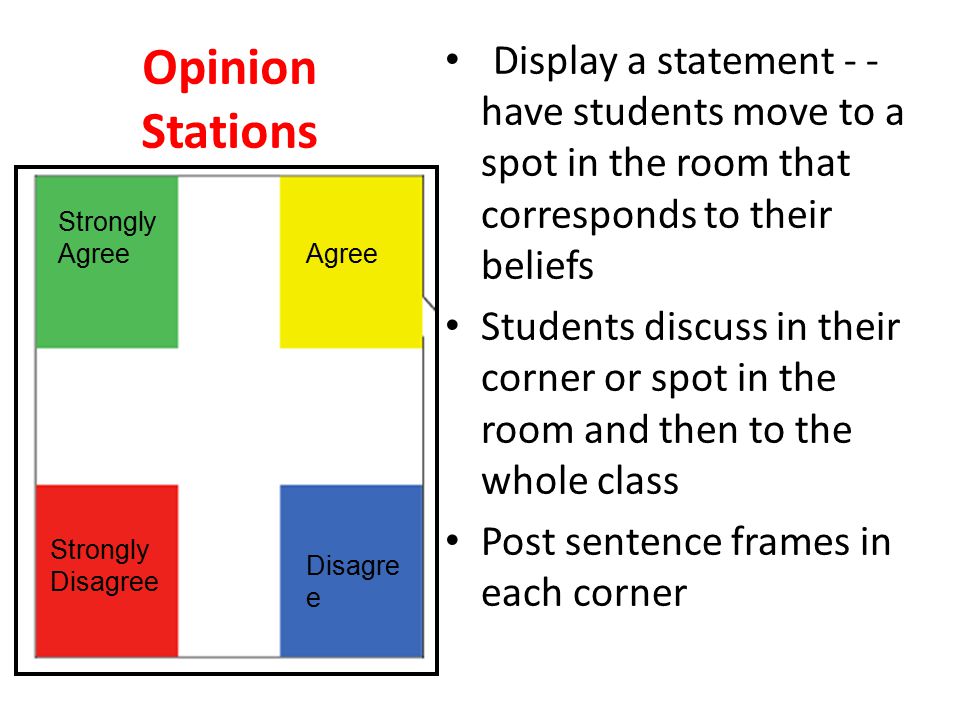 Opinion Stations Display a statement - - have students move to a spot in the room that corresponds to their beliefs Students discuss in their corner or spot in the room and then to the whole class Post sentence frames in each corner Strongly Agree Disagre e Strongly Disagree Agree