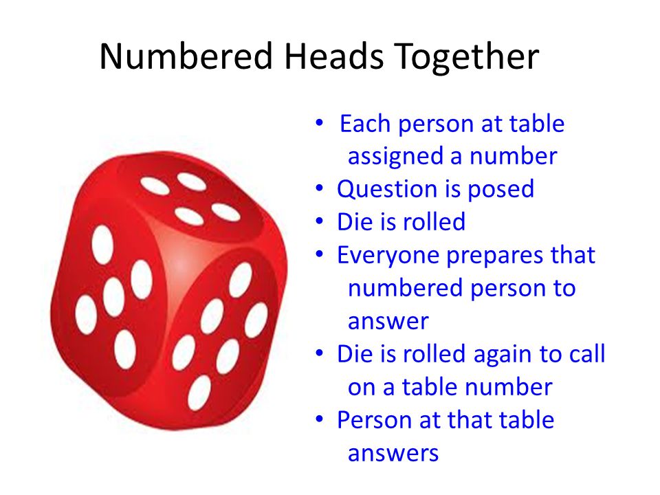 Numbered Heads Together Each person at table assigned a number Question is posed Die is rolled Everyone prepares that numbered person to answer Die is rolled again to call on a table number Person at that table answers
