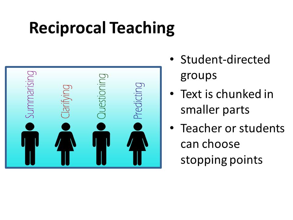 Reciprocal Teaching Student-directed groups Text is chunked in smaller parts Teacher or students can choose stopping points