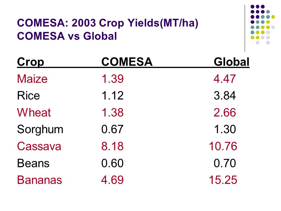 COMESA: 2003 Crop Yields(MT/ha) COMESA vs Global CropCOMESAGlobal Maize Rice Wheat Sorghum Cassava Beans Bananas