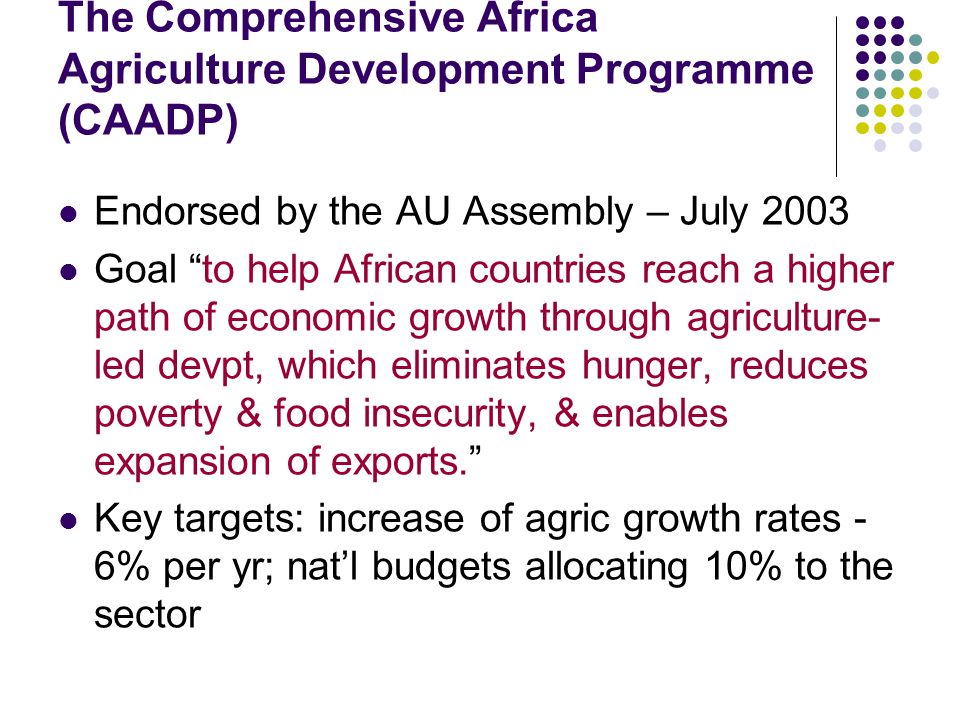 The Comprehensive Africa Agriculture Development Programme (CAADP) Endorsed by the AU Assembly – July 2003 Goal to help African countries reach a higher path of economic growth through agriculture- led devpt, which eliminates hunger, reduces poverty & food insecurity, & enables expansion of exports. Key targets: increase of agric growth rates - 6% per yr; nat’l budgets allocating 10% to the sector