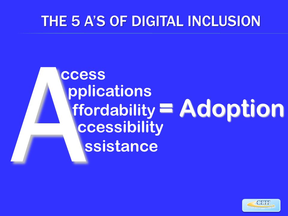 A ccess ffordability pplications =Adoption = Adoption ccessibility THE 5 A’S OF DIGITAL INCLUSION ssistance