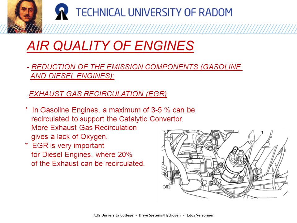 AIR QUALITY OF ENGINES - REDUCTION OF THE EMISSION COMPONENTS (GASOLINE AND DIESEL ENGINES): EXHAUST GAS RECIRCULATION (EGR) * In Gasoline Engines, a maximum of 3-5 % can be recirculated to support the Catalytic Convertor.