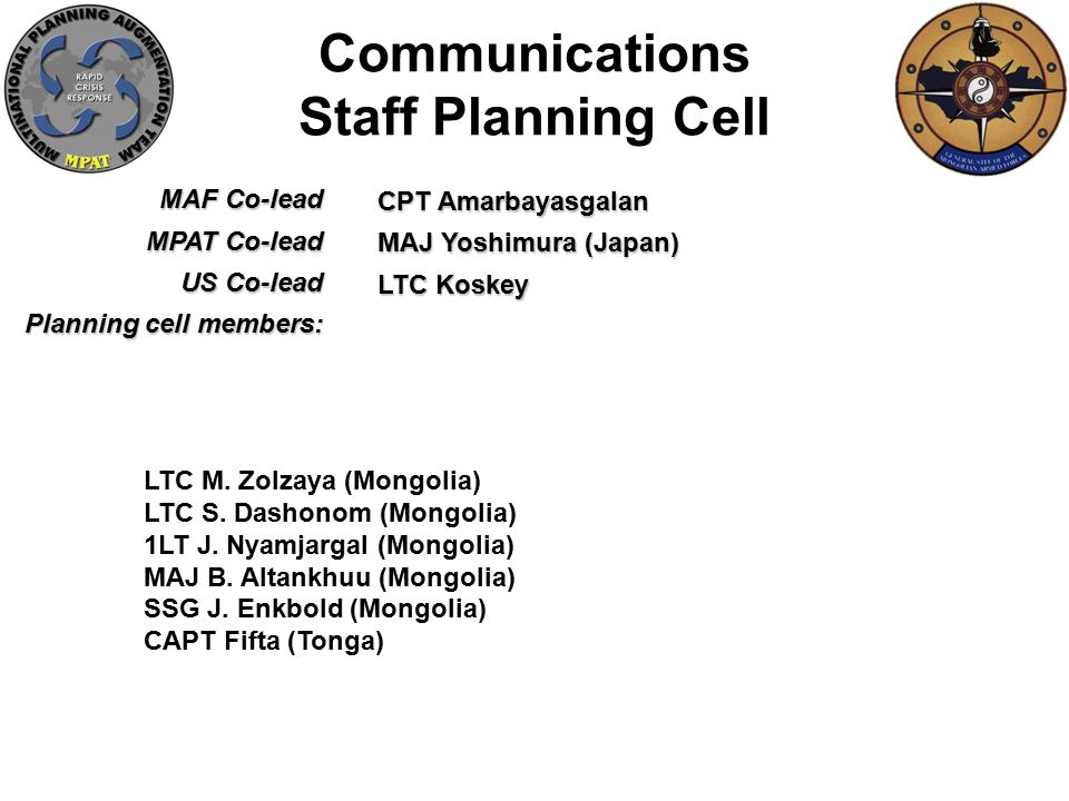 Communications Staff Planning Cell CPT Amarbayasgalan MAJ Yoshimura (Japan) LTC Koskey MAF Co-lead MPAT Co-lead US Co-lead Planning cell members: LTC M.