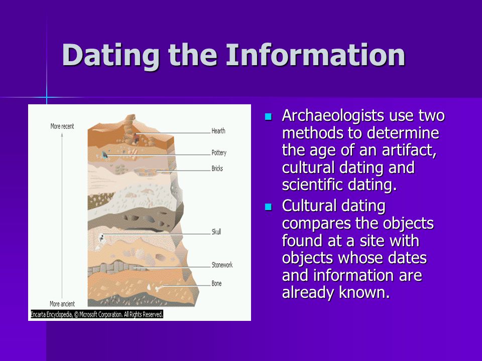 Dating the Information Archaeologists use two methods to determine the age of an artifact, cultural dating and scientific dating.