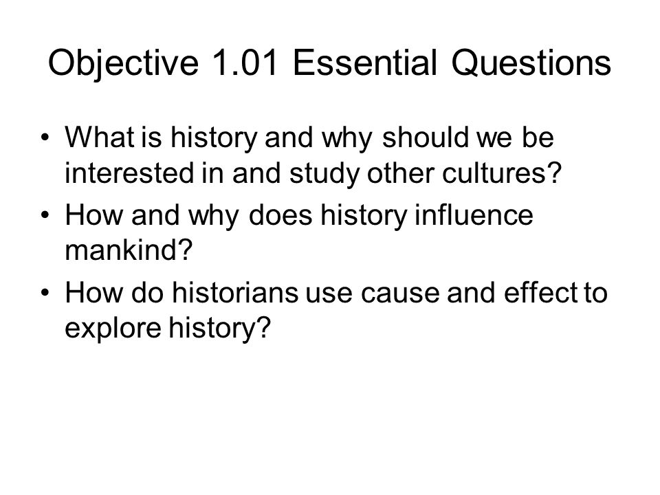 Objective 1.01 Essential Questions What is history and why should we be interested in and study other cultures.