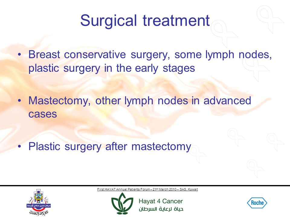 First HAYAT Annual Patients Forum – 21 st March 2010 – SAS, Kuwait Surgical treatment Breast conservative surgery, some lymph nodes, plastic surgery in the early stages Mastectomy, other lymph nodes in advanced cases Plastic surgery after mastectomy