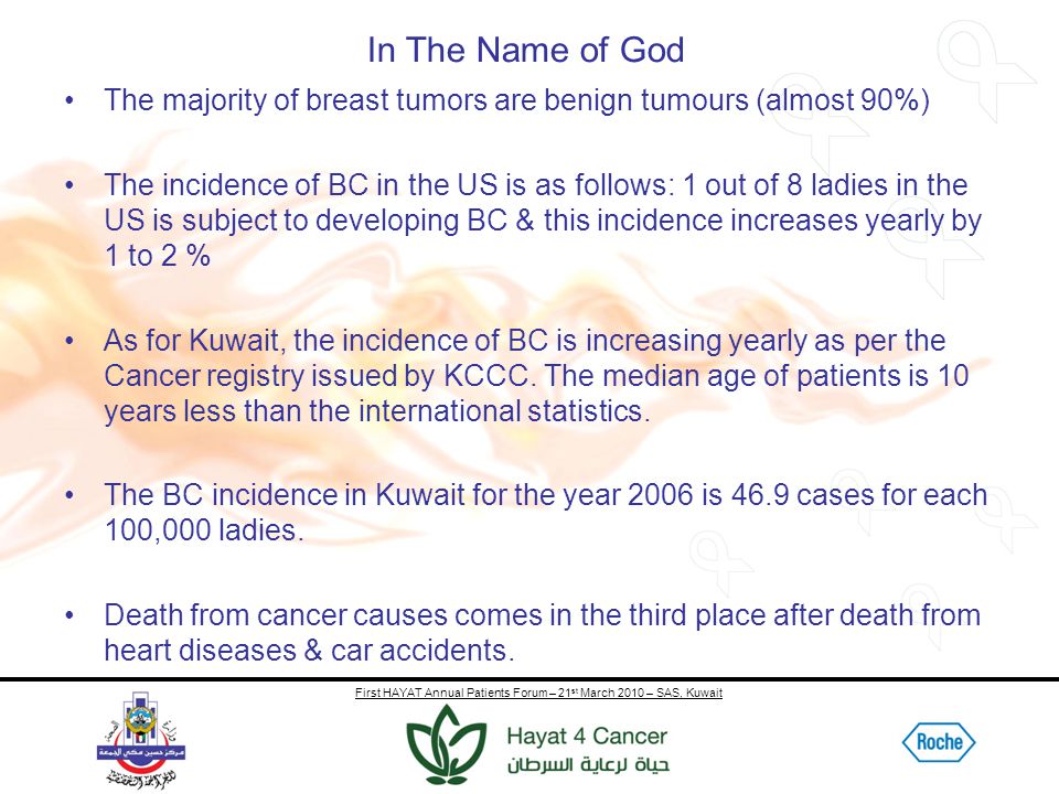 First HAYAT Annual Patients Forum – 21 st March 2010 – SAS, Kuwait The majority of breast tumors are benign tumours (almost 90%) The incidence of BC in the US is as follows: 1 out of 8 ladies in the US is subject to developing BC & this incidence increases yearly by 1 to 2 % As for Kuwait, the incidence of BC is increasing yearly as per the Cancer registry issued by KCCC.