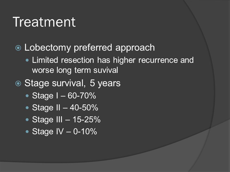 Treatment  Lobectomy preferred approach Limited resection has higher recurrence and worse long term suvival  Stage survival, 5 years Stage I – 60-70% Stage II – 40-50% Stage III – 15-25% Stage IV – 0-10%