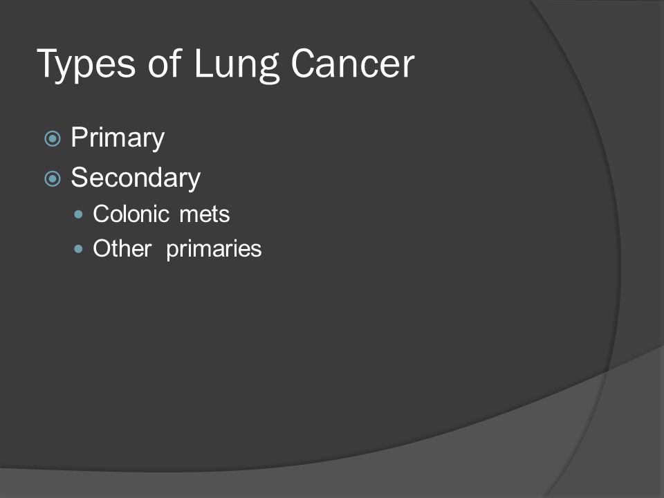 Types of Lung Cancer  Primary  Secondary Colonic mets Other primaries