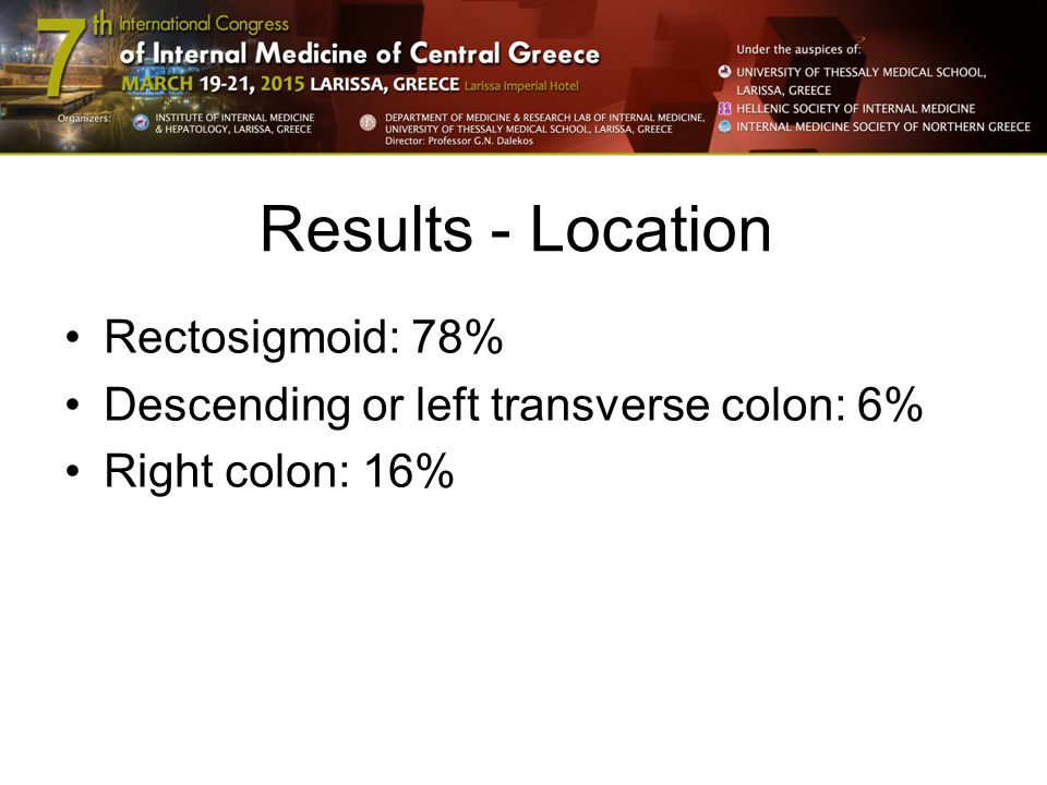 Results - Location Rectosigmoid: 78% Descending or left transverse colon: 6% Right colon: 16%