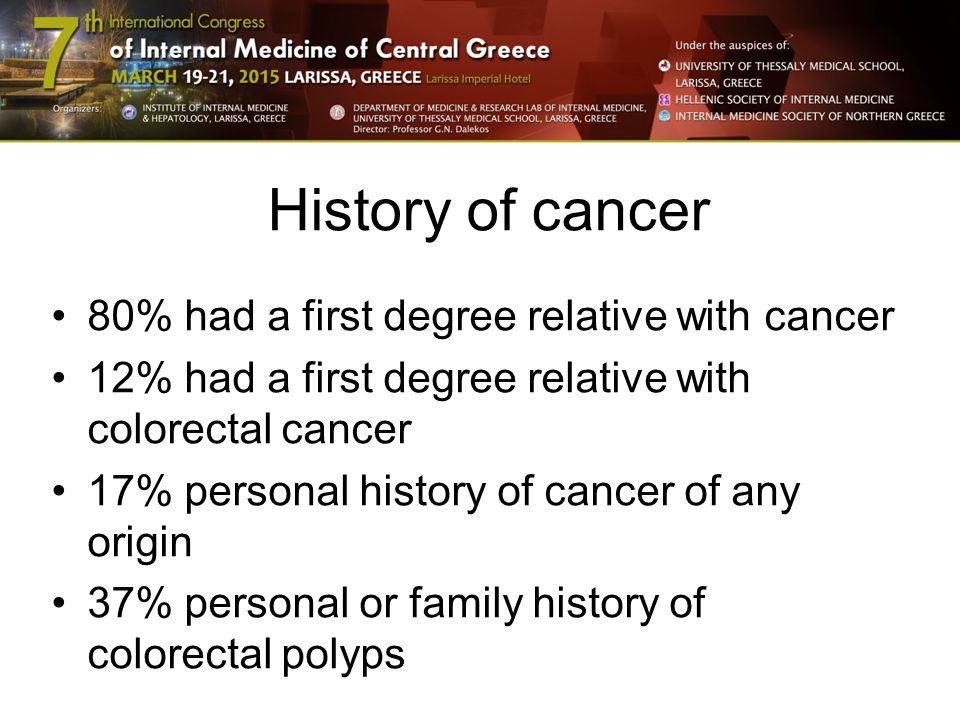 History of cancer 80% had a first degree relative with cancer 12% had a first degree relative with colorectal cancer 17% personal history of cancer of any origin 37% personal or family history of colorectal polyps