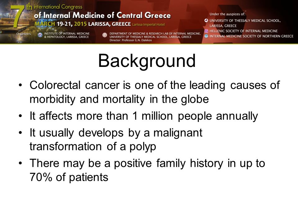 Background Colorectal cancer is one of the leading causes of morbidity and mortality in the globe It affects more than 1 million people annually It usually develops by a malignant transformation of a polyp There may be a positive family history in up to 70% of patients