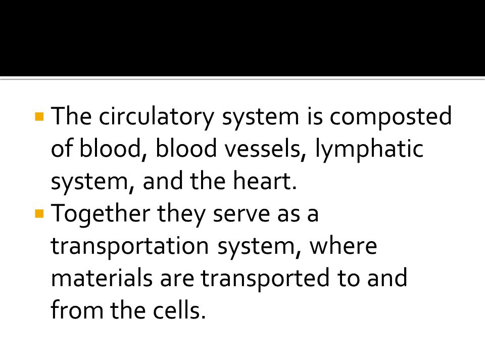  The circulatory system is composted of blood, blood vessels, lymphatic system, and the heart.