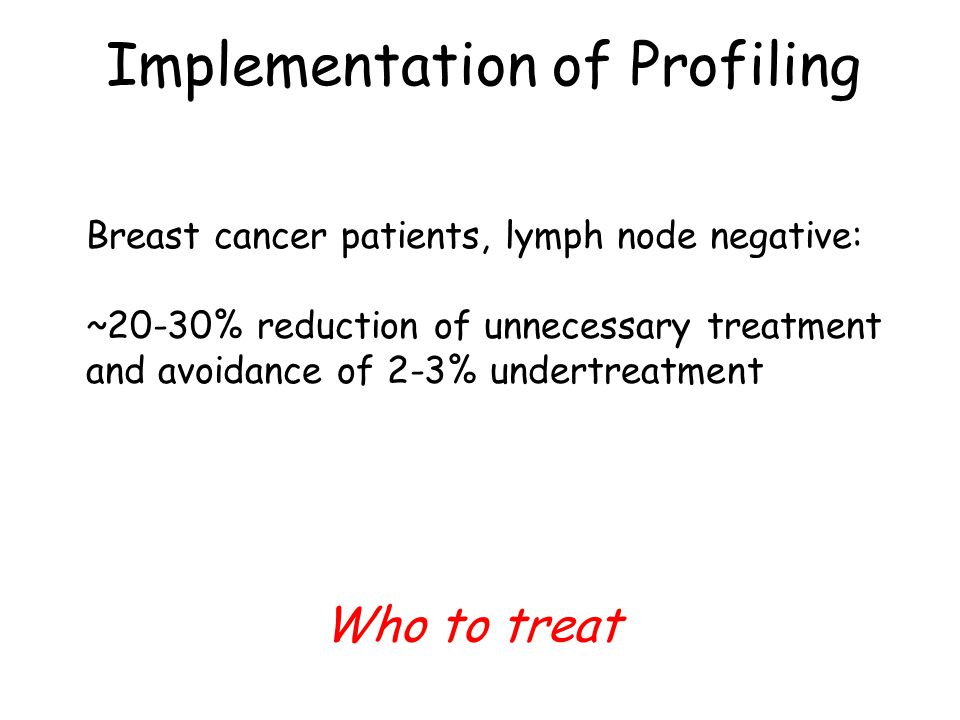 Implementation of Profiling Breast cancer patients, lymph node negative: ~20-30% reduction of unnecessary treatment and avoidance of 2-3% undertreatment Who to treat
