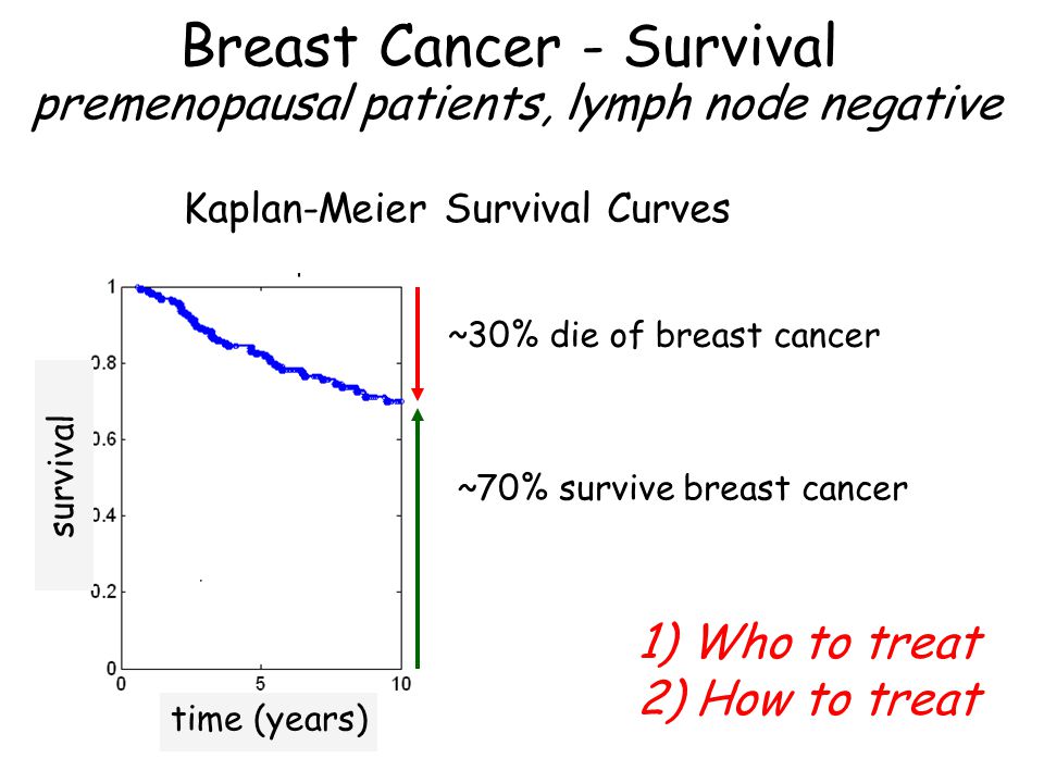 Breast Cancer - Survival premenopausal patients, lymph node negative time (years) survival ~30% die of breast cancer ~70% survive breast cancer Kaplan-Meier Survival Curves 1) Who to treat 2) How to treat