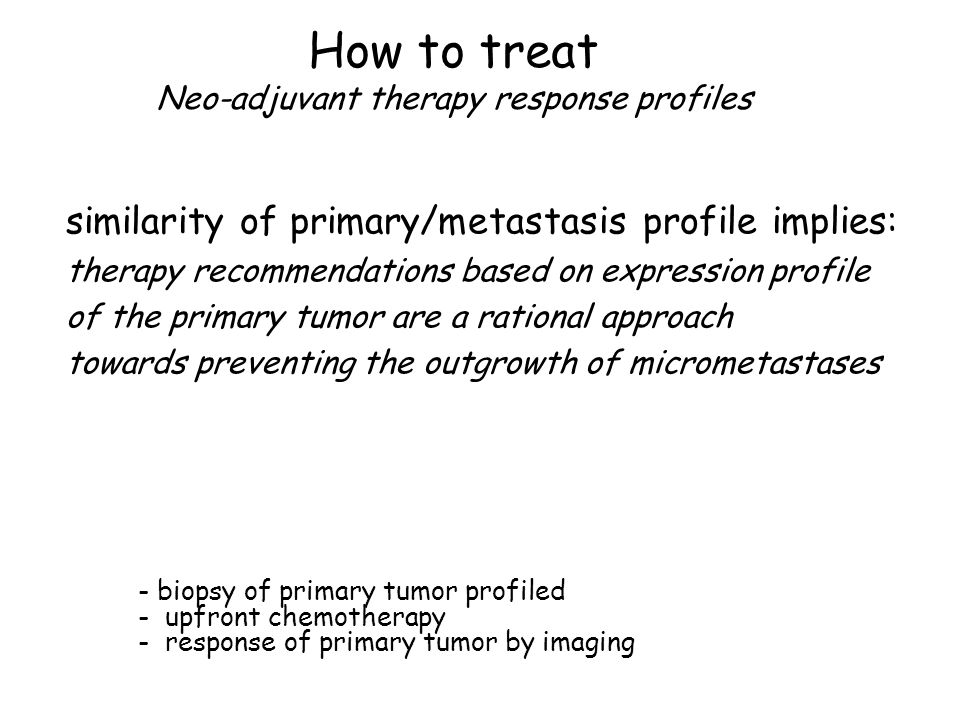 How to treat Neo-adjuvant therapy response profiles similarity of primary/metastasis profile implies: therapy recommendations based on expression profile of the primary tumor are a rational approach towards preventing the outgrowth of micrometastases - biopsy of primary tumor profiled - upfront chemotherapy - response of primary tumor by imaging