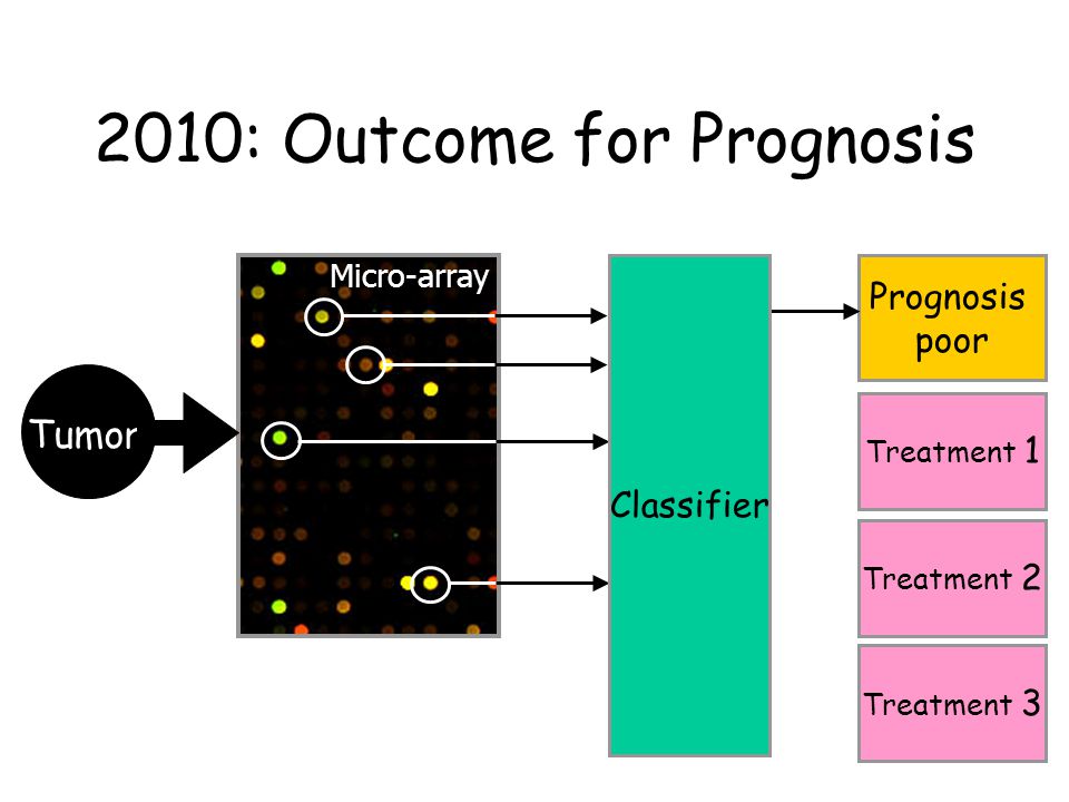 2010: Outcome for Prognosis Micro-array Treatment 2 Prognosis poor Treatment 1 Treatment 3 Classifier Tumor