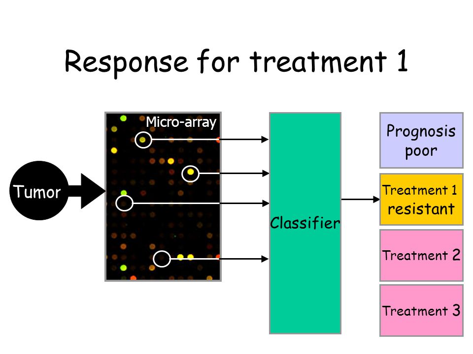 Response for treatment 1 Micro-array Treatment 2 Prognosis poor Treatment 1 resistant Treatment 3 Classifier Tumor