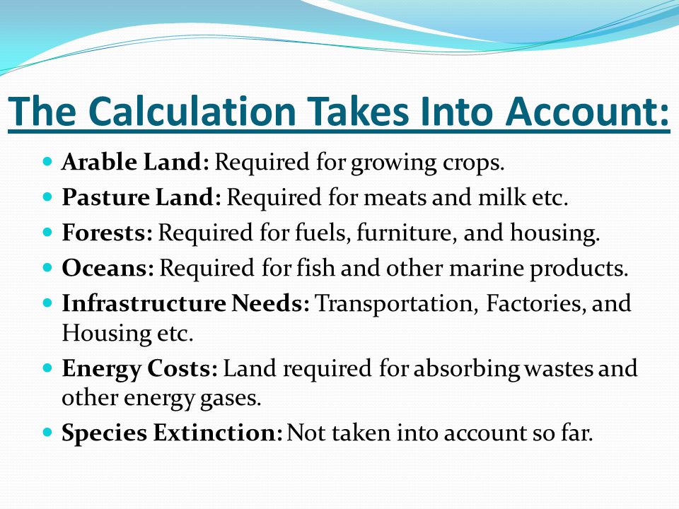 The Calculation Takes Into Account: Arable Land: Required for growing crops.