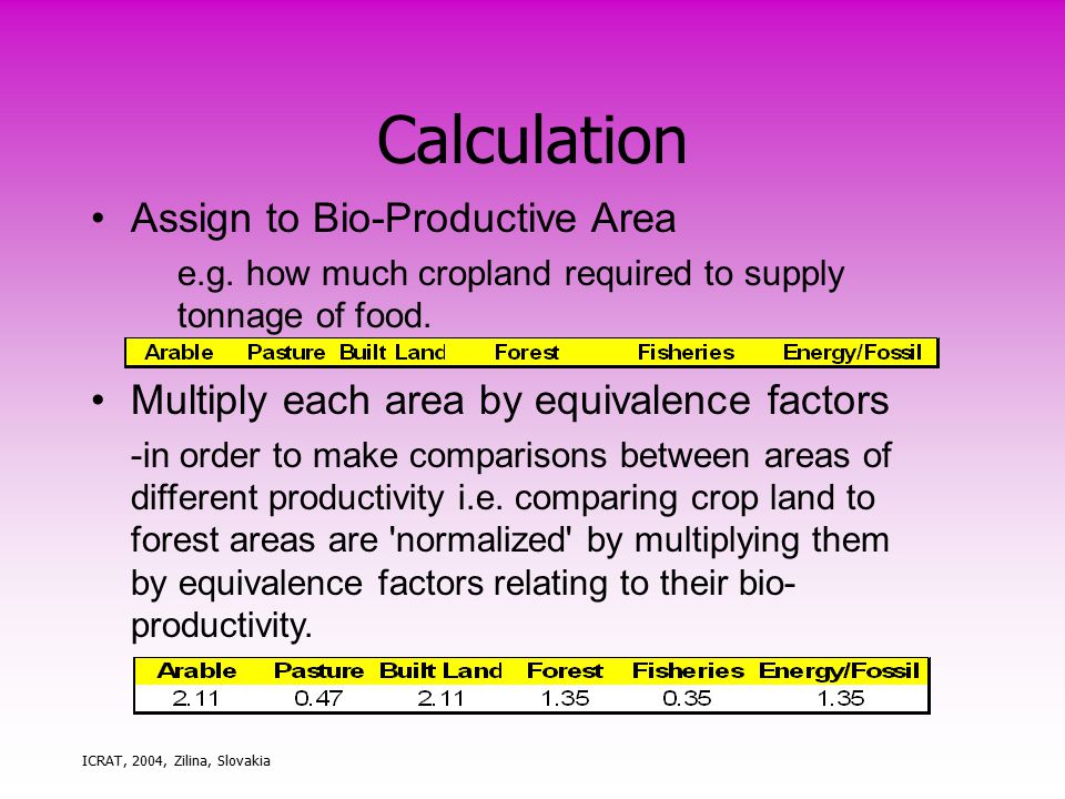 ICRAT, 2004, Zilina, Slovakia Calculation Assign to Bio-Productive Area e.g.