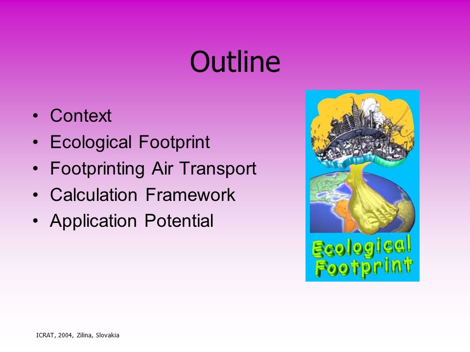 ICRAT, 2004, Zilina, Slovakia Outline Context Ecological Footprint Footprinting Air Transport Calculation Framework Application Potential
