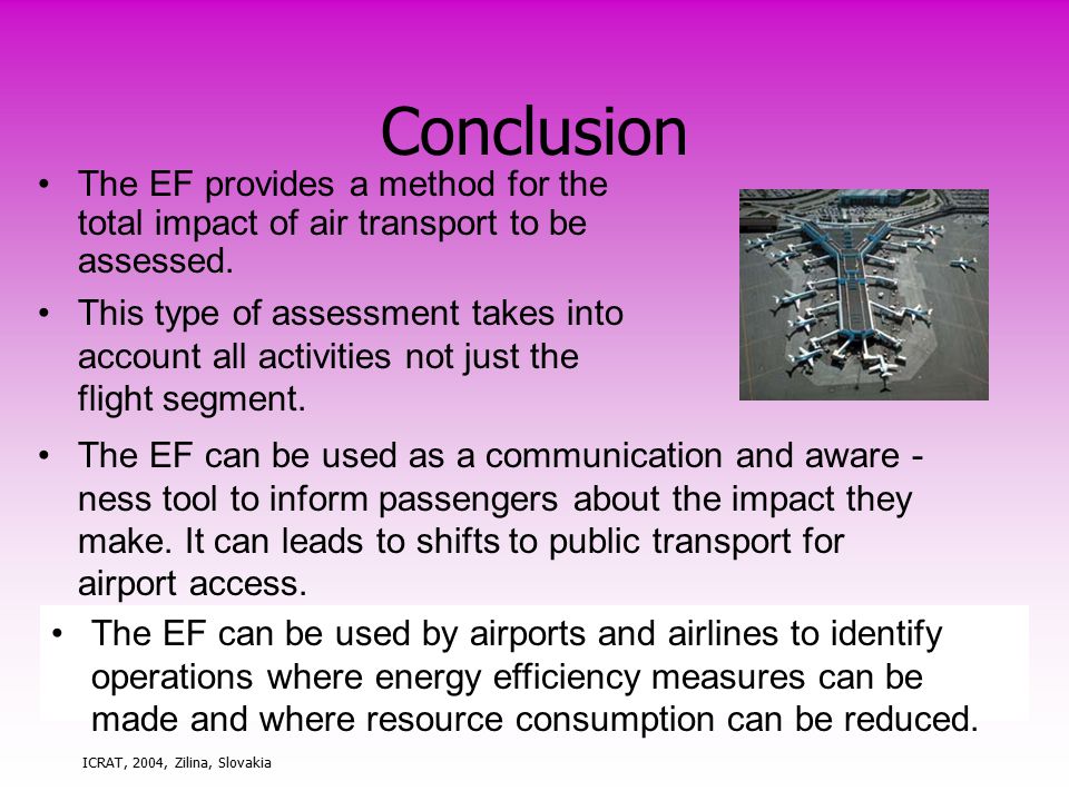 ICRAT, 2004, Zilina, Slovakia Conclusion The EF provides a method for the total impact of air transport to be assessed.