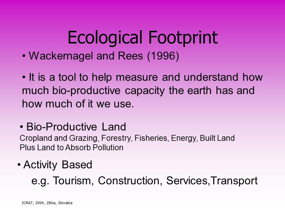 ICRAT, 2004, Zilina, Slovakia Ecological Footprint Wackernagel and Rees (1996) It is a tool to help measure and understand how much bio-productive capacity the earth has and how much of it we use.