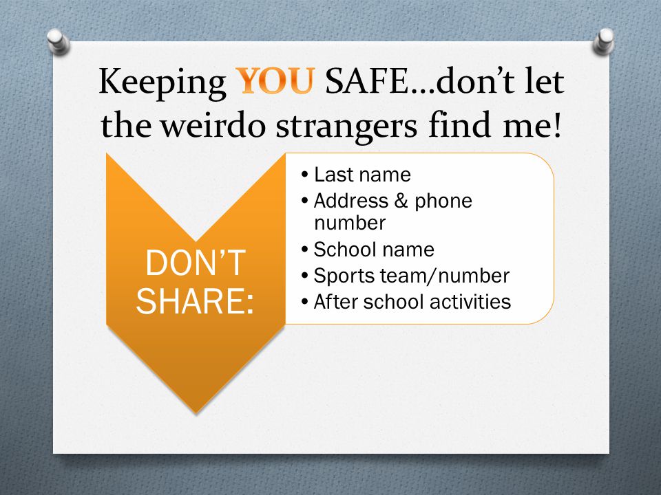 DON’T SHARE: Last name Address & phone number School name Sports team/number After school activities