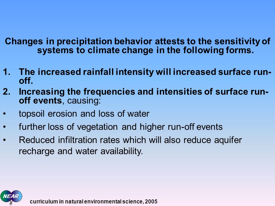 Changes in precipitation behavior attests to the sensitivity of systems to climate change in the following forms.