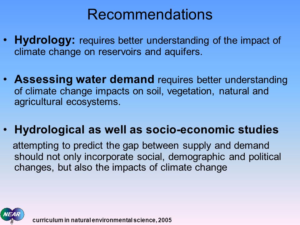 Hydrology: requires better understanding of the impact of climate change on reservoirs and aquifers.