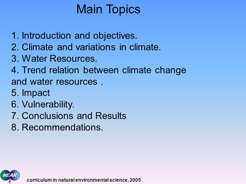 1. Introduction and objectives. 2. Climate and variations in climate.