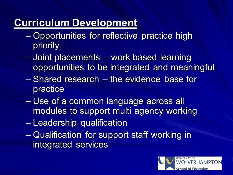 Curriculum Development –Opportunities for reflective practice high priority –Joint placements – work based learning opportunities to be integrated and meaningful –Shared research – the evidence base for practice –Use of a common language across all modules to support multi agency working –Leadership qualification –Qualification for support staff working in integrated services