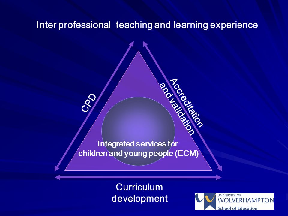 Integrated services for children and young people (ECM) Curriculum development Accreditation and validation CPD Inter professional teaching and learning experience