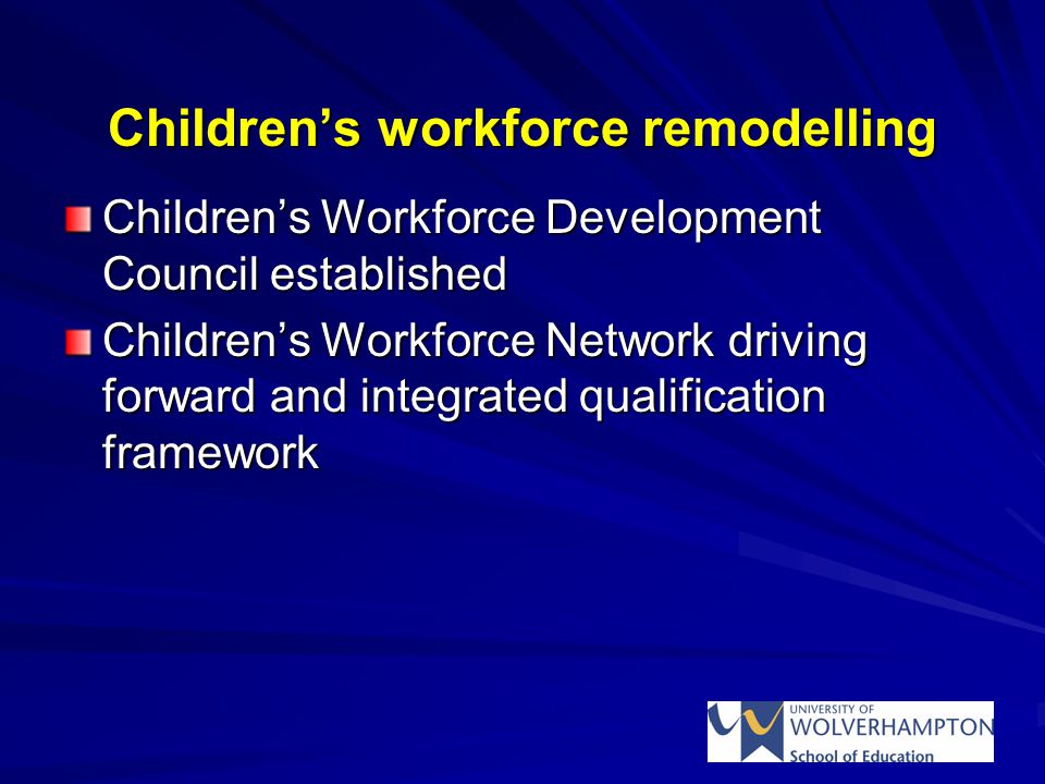 Children’s workforce remodelling Children’s Workforce Development Council established Children’s Workforce Network driving forward and integrated qualification framework