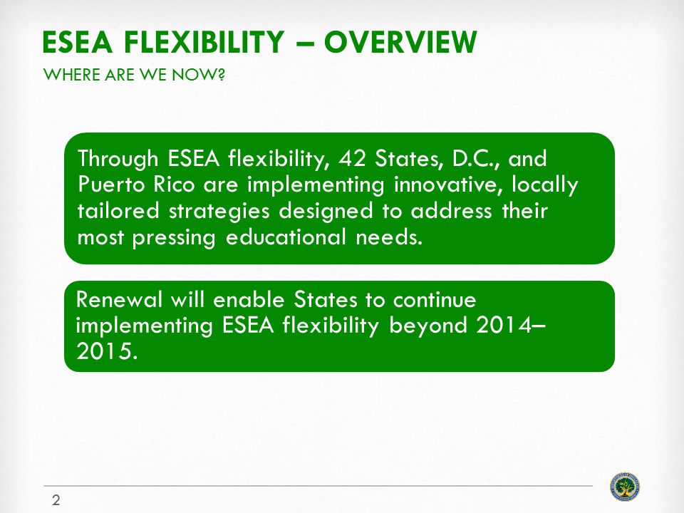 ESEA FLEXIBILITY – OVERVIEW Through ESEA flexibility, 42 States, D.C., and Puerto Rico are implementing innovative, locally tailored strategies designed to address their most pressing educational needs.