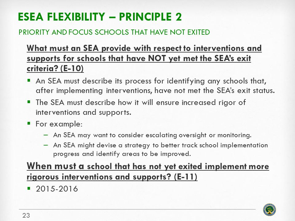 ESEA FLEXIBILITY – PRINCIPLE 2 What must an SEA provide with respect to interventions and supports for schools that have NOT yet met the SEA’s exit criteria.