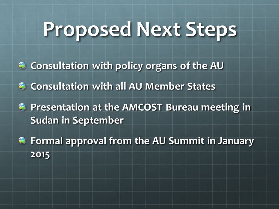 Proposed Next Steps Consultation with policy organs of the AU Consultation with all AU Member States Presentation at the AMCOST Bureau meeting in Sudan in September Formal approval from the AU Summit in January 2015