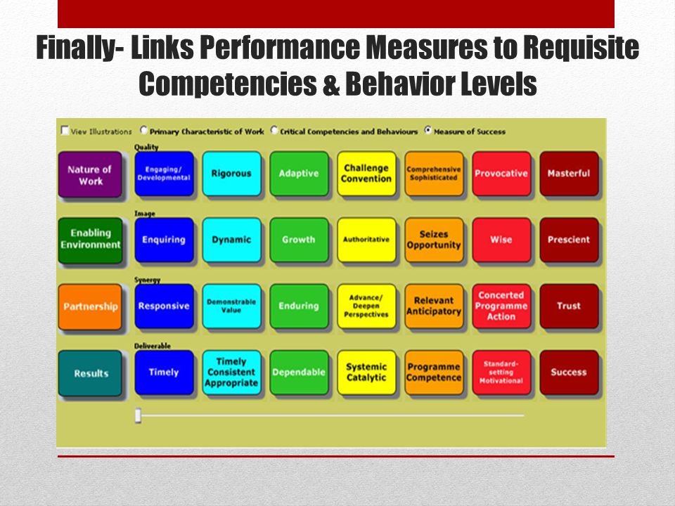 Finally- Links Performance Measures to Requisite Competencies & Behavior Levels