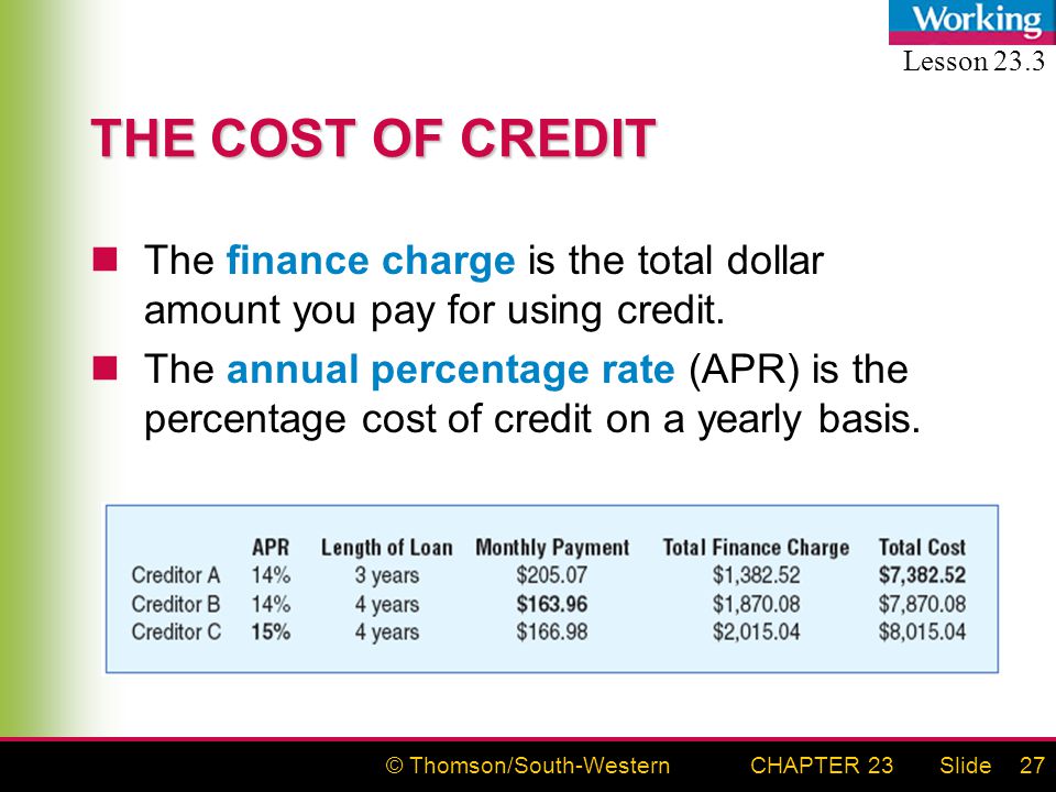 © Thomson/South-WesternSlideCHAPTER 2327 THE COST OF CREDIT The finance charge is the total dollar amount you pay for using credit.