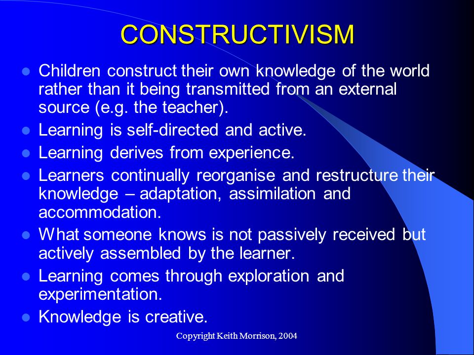 Copyright Keith Morrison, 2004 CONSTRUCTIVISM Children construct their own knowledge of the world rather than it being transmitted from an external source (e.g.
