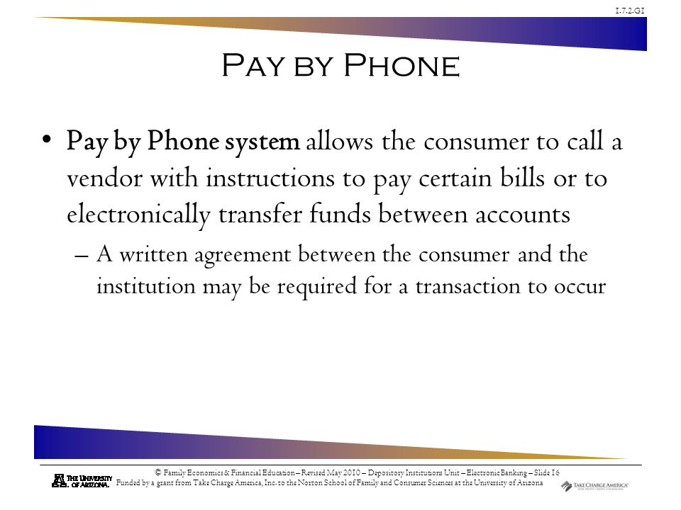 1.7.2.G1 © Family Economics & Financial Education – Revised May 2010 – Depository Institutions Unit – Electronic Banking – Slide 16 Funded by a grant from Take Charge America, Inc.