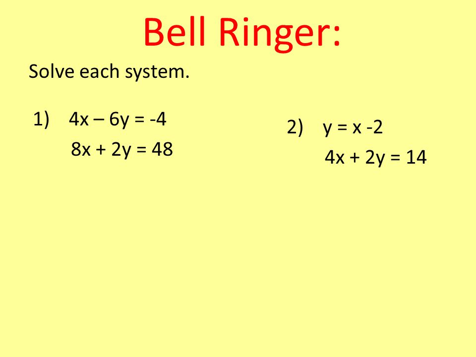 Bell Ringer Solve Each System 1 4x 6y 4 8x 2y 48 2 Y X 2 4x 2y Ppt Download