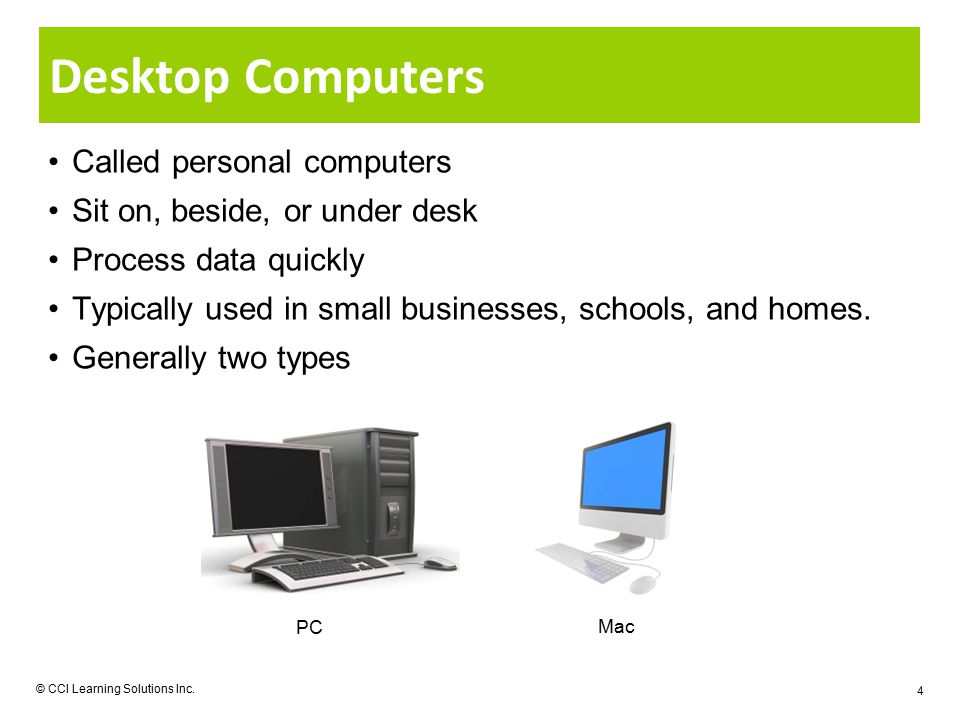 Desktop Computers Called personal computers Sit on, beside, or under desk Process data quickly Typically used in small businesses, schools, and homes.