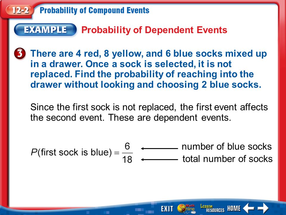 Example 3 Probability of Dependent Events There are 4 red, 8 yellow, and 6 blue socks mixed up in a drawer.