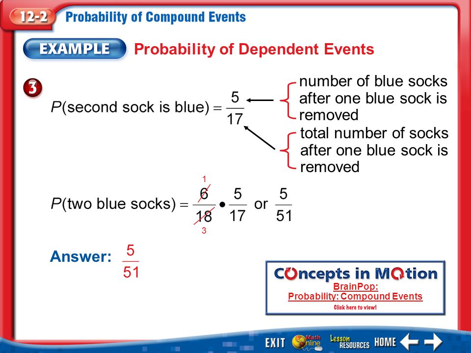 Example 3 Probability of Dependent Events total number of socks after one blue sock is removed number of blue socks after one blue sock is removed Answer: BrainPop: Probability: Compound Events
