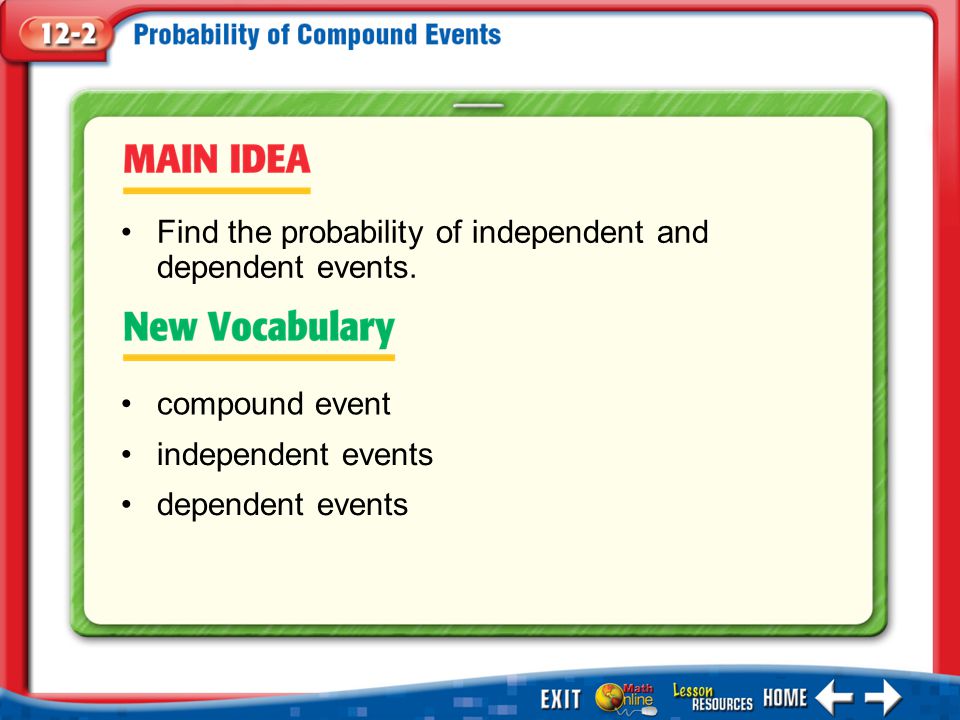 Main Idea/Vocabulary compound event independent events dependent events Find the probability of independent and dependent events.