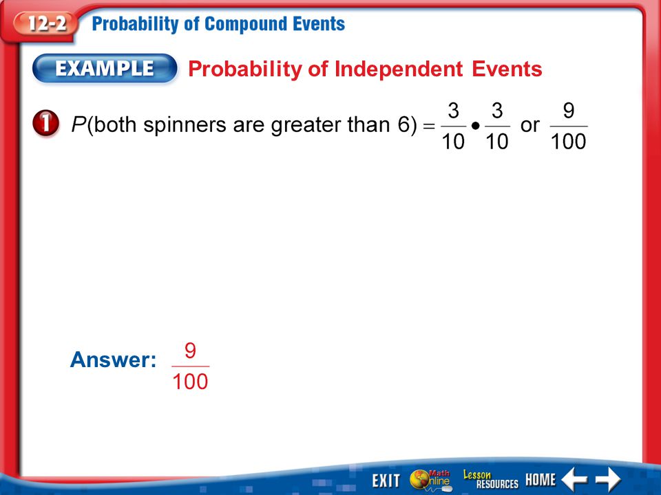 Example 1 Probability of Independent Events Answer: