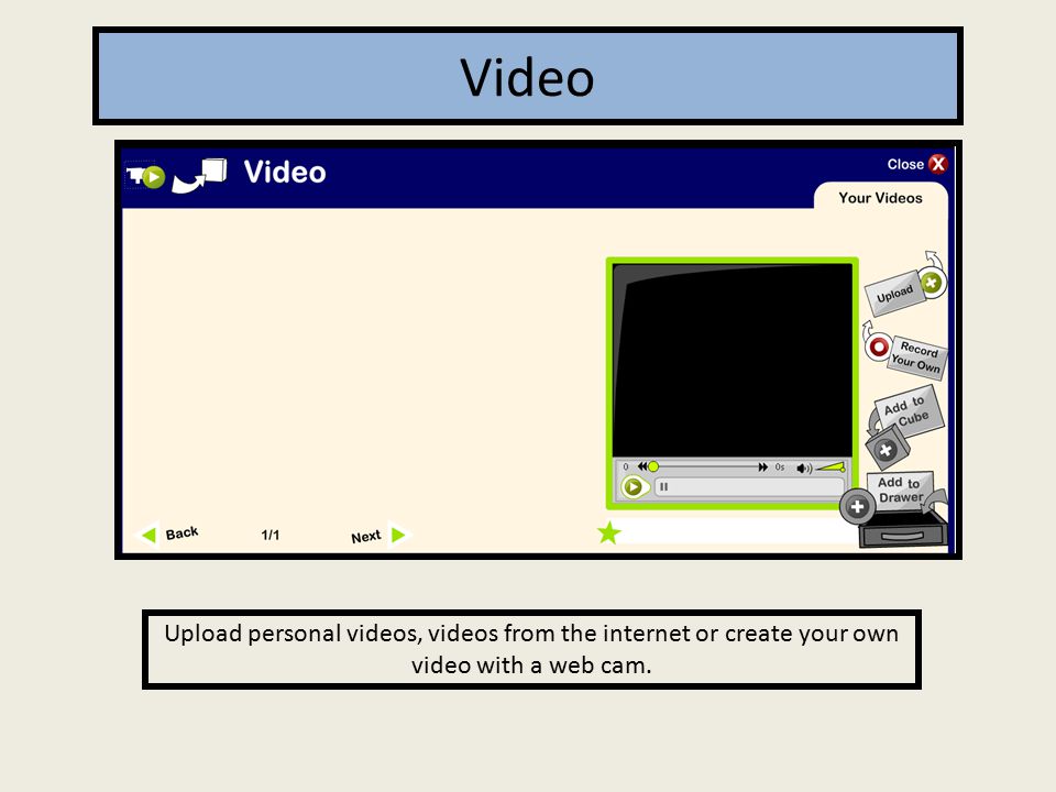 Video Upload personal videos, videos from the internet or create your own video with a web cam.